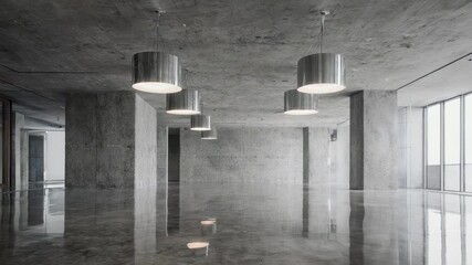 Expansive modern industrial interior featuring raw concrete walls, a highly polished floor, and a row of sleek contemporary pendant lights - Powered by Adobe