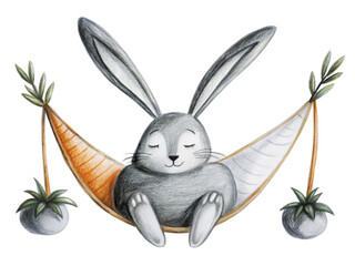 Cute bunny sleeping in a hammock isolated on transparent background, hand drawn pencil art