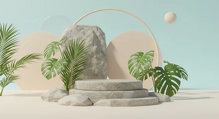 Fototapete Badezimmer Stone and rock, podium, tropical palms, monster leaves and abstract background. Pastel blue and beige colors scene  © textura