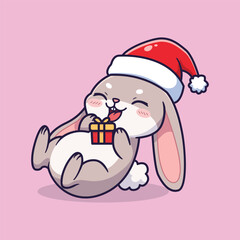 Cute Cartoon Bunny Wearing Santa Hat Holding Gift . Vector Illustration of Whimsical Holiday Joy