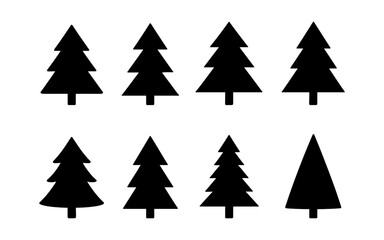 Obraz premium Set of black pine tree icons in various geometric styles. Silhouettes of fir and spruce trees isolated on white background. Winter forest concept for design and print