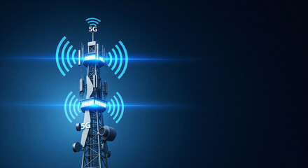 5G Telecommunication Tower Emitting Blue Signal Waves on Dark Background