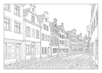 Minimalist Old Town Street Line Art Illustration, Clean Vector Design