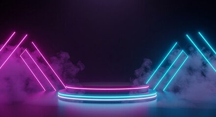 Cylinder flying podium with neon glowing abstract geometric shapes on wall and smoke clouds, purple and blue luminous hi tech product platform on dark background.