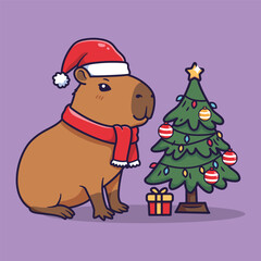 Cute Cartoon Capybara in Santa Hat Sitting by Christmas Tree . Vector Illustration of Whimsical Holiday Scene