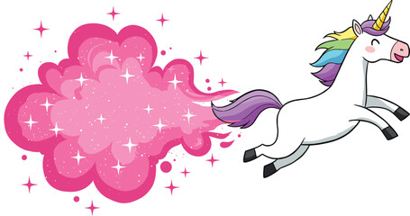 Magical cartoon unicorn leaping with rainbow mane, golden horn, sparkly pink cloud, fantasy illustration for kids and whimsical themes