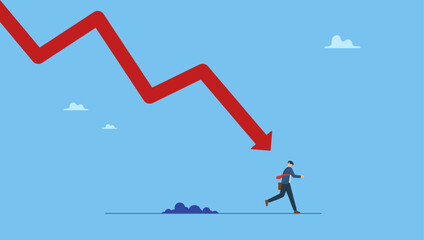 Failed businessman run away from falling down arrow chart. Business failure, economic recession or investment loss or stock market falling down, crisis or crash, investing risk or depression.
