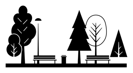 Minimalist Urban Park Vector Scene - Trees, Benches, Clean Lines, White Background