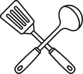  Kitchen Utensils Outline Icon – Crossed Spatula and Ladle, Cooking Tools Line Art