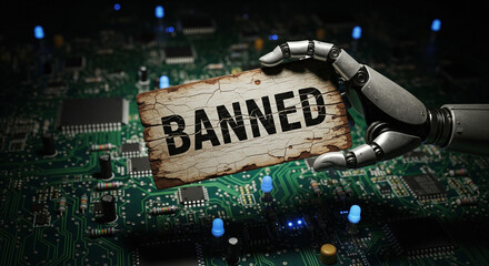 Robot Hand Holding Banned Sign on Wooden Board Over Circuit Board