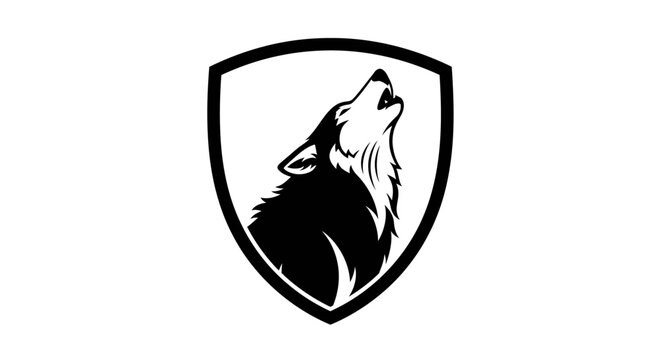 A black and white illustration of a wolf howling inside a shield emblem.