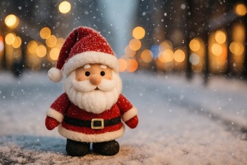 Fototapeta premium Cute Santa Claus Figurine on Snowy Street with Christmas Lights