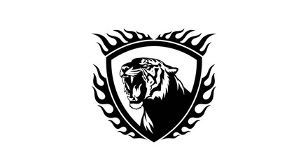 Obraz premium A fierce black panther with bared teeth is depicted within a shield emblem surrounded by flames.