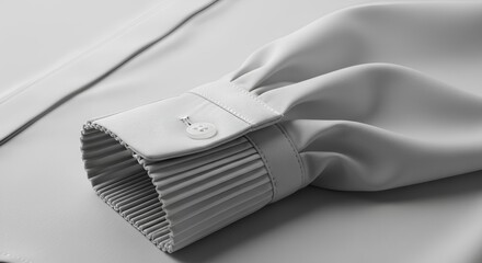 Women’s pleated cuff shirt on white background, cuff pleat detail close-up, soft diffuse lighting.