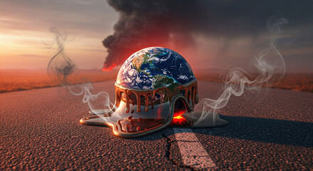 Melting Earth Globe on Hot Asphalt Road with Fire and Smoke Background