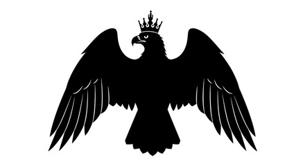 A striking black silhouette of a crowned eagle with outstretched wings against a white background.