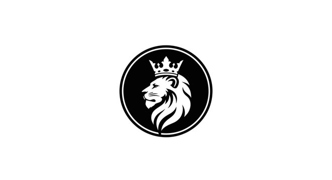 A striking black and white circular emblem featuring a majestic lion wearing a crown, symbolizing power and royalty.