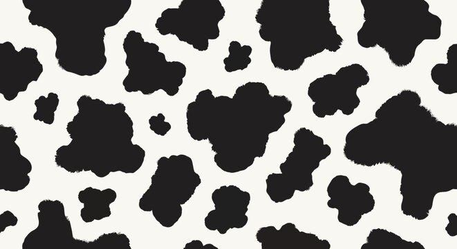 Seamless black and white animal print pattern background, featuring an abstract spotted design reminiscent of a dairy cow's coat, ideal for textiles, graphics, and decorative projects