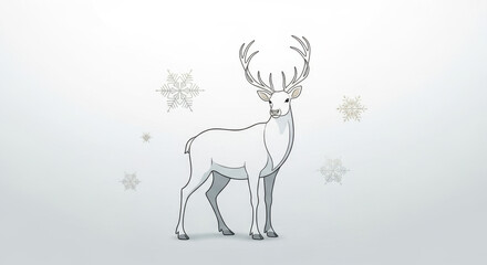 Christmas reindeer standing against snowflakes backdrop, winter scene of festive animal. Christmas reindeer poses in graphic design style, illustrating holiday joy.
