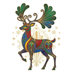 Fototapeta premium Intricate reindeer illustration with geometric and ornate details on white. This reindeer illustration shows elaborate antlers and a vibrant, colorful body with artistic elements.