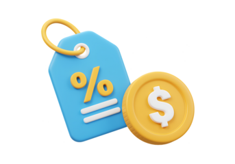 Blue price tag with percent symbol and dollar coin on transparent background
