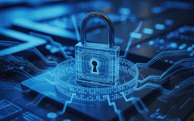 A glowing blue padlock with circuit patterns symbolizing digital security and data protection concept art