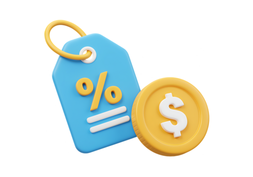 Blue price tag with percent symbol and dollar coin on transparent background