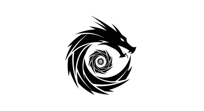 A striking black dragon head encircles a hypnotic spiral vortex on a white background.