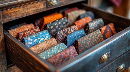 Colorful patterned ties fill a wooden drawer