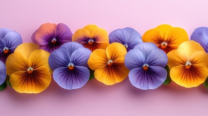 Colorful pansies in a horizontal row on pink