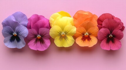 Obraz premium Colorful pansies in a spectrum of hues arranged in a horizontal line against a soft pink background