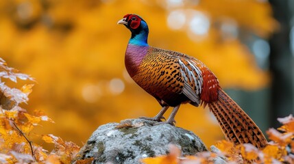 Colorful pheasant perched on rock, autumn leaves