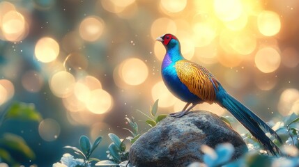 Colorful pheasant on rock, vibrant bokeh