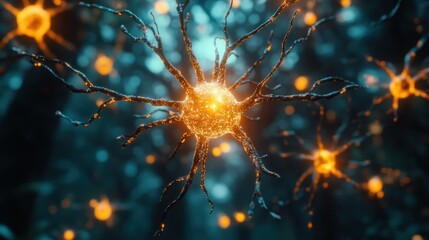 Detailed neuron network, glowing orange-yellow cell, dark teal background