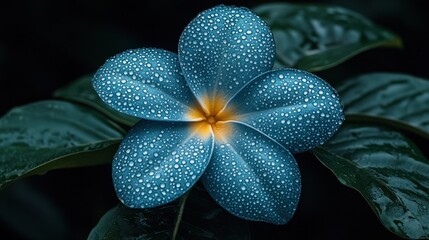 Dew-kissed blue flower, dark backdrop