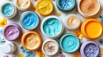 Colorful skincare jars, creams, and powders