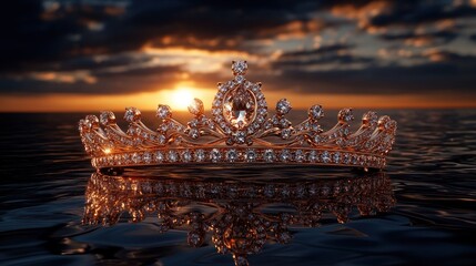 Diamond tiara floats on water at sunset