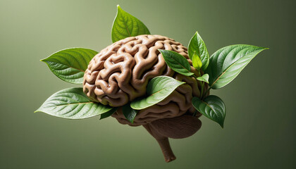 Brain with green leaves, symbolizing mental health, on green background