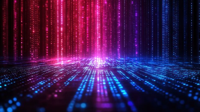 Digital rain of vibrant pink and blue code cascading over a glowing circuit board