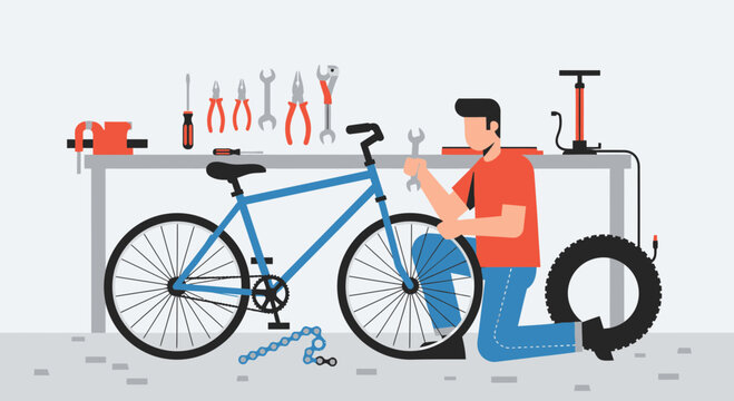 Illustrative depiction of a man repairing a bicycle in his workshop at home or garage