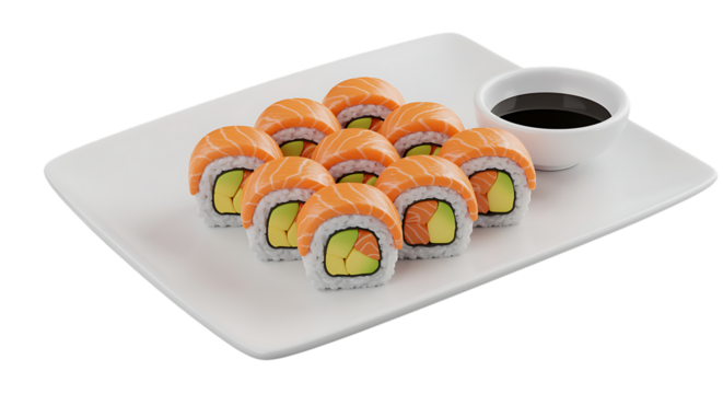 Delicious salmon sushi rolls with soy sauce perfect for graphic design on transparent background