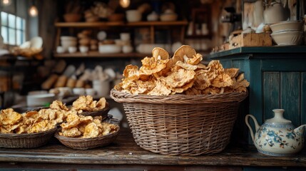 Dried mushrooms in woven baskets on rustic table
