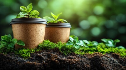 Eco-friendly coffee cups nestled in soil with young plants