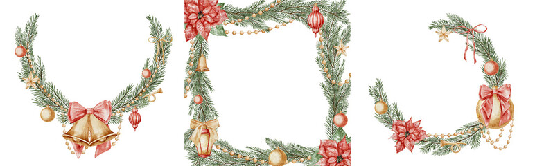 Watercolor Christmas frames set with pine branches, bells, and poinsettia. Illustration of borders and wreath for Xmas greeting cards or New Year invitations. Art with Templates for winter holidays.