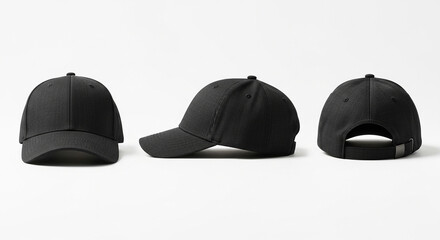 a black hat on isolated white, a baseball cap blank, 3 angles, front, side, and back for mockup fashion