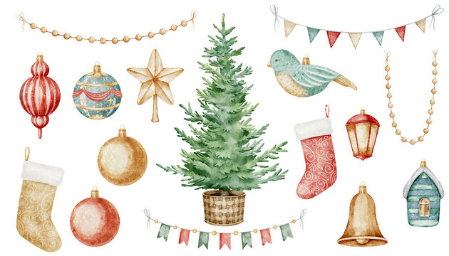 Watercolor Christmas tree and ornaments set with baubles, stars and garlands. Illustration of Xmas decor for holiday greeting cards and New Year invitations. Festive clipart for winter design project. - Powered by Adobe
