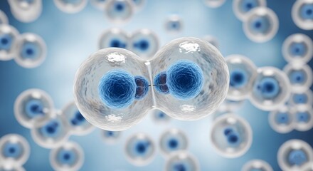 Dynamic 3D cell division illustration showing the mitosis process where a single cell is splitting into two daughter cells with blue nuclei