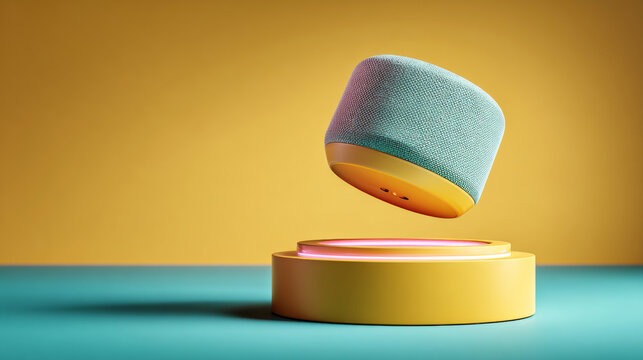 A colorful, futuristic speaker levitates above a glowing platform against an orange background