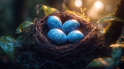 Four speckled blue eggs nestled in a bird's nest, bathed in sunlight