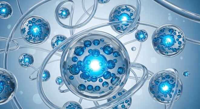 Futuristic three-dimensional molecule and cell structure with spiraling translucent strands representing advanced science and biotechnology research